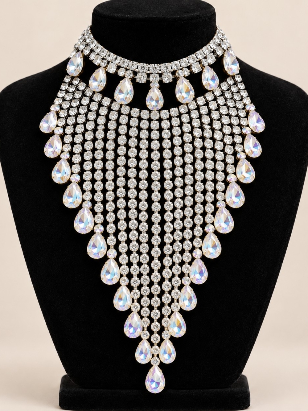 Gorgeous Teardrop Fringe Statement Necklace Silver & AB Stones